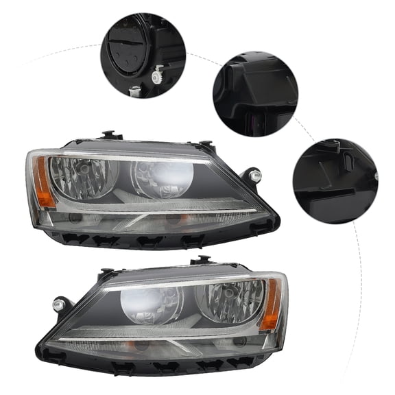 OEM Replacement Headlight for 2012-2018 Volkswagen Jetta, Clear Lens, Black Housing, Halogen High/Low Beam, Turn Signal Included