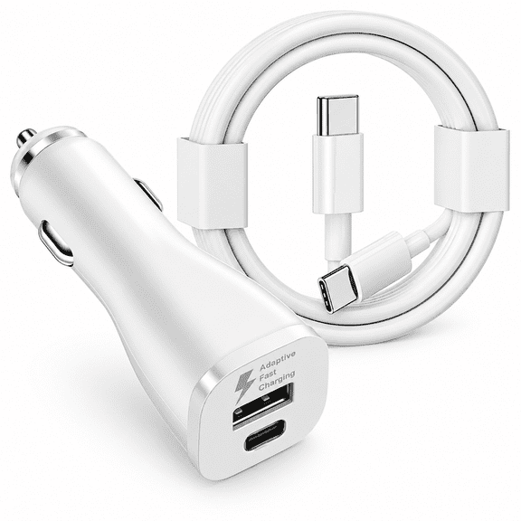 FreedomTech Dual Port USB-C & USB-A Car Charger with USB-C to USB-C Charging Cable, Fast Charging Vehicle Adapter for Smartphones, Tablets & USB-C Devices, White