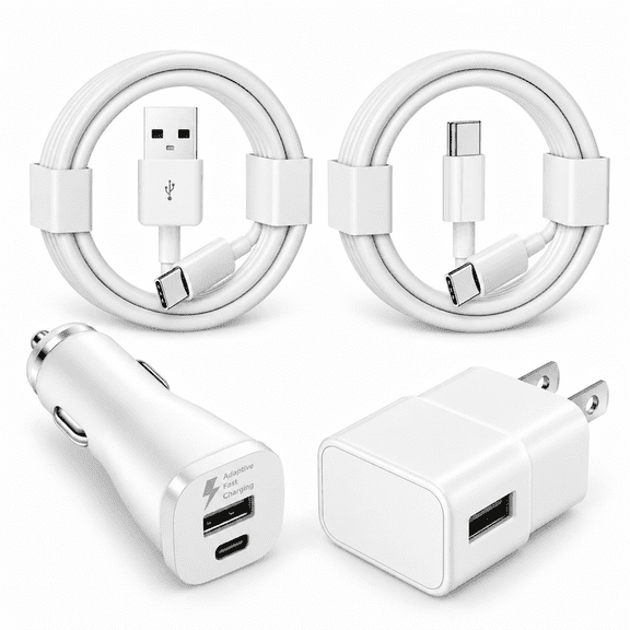 FreedomTech Car Charger with USB-A Wall Charger, USB-A to USB-C Cable & USB-C to USB-C Cable, Home and Vehicle Charging Kit for Smartphones, Tablets & USB-C Devices, White