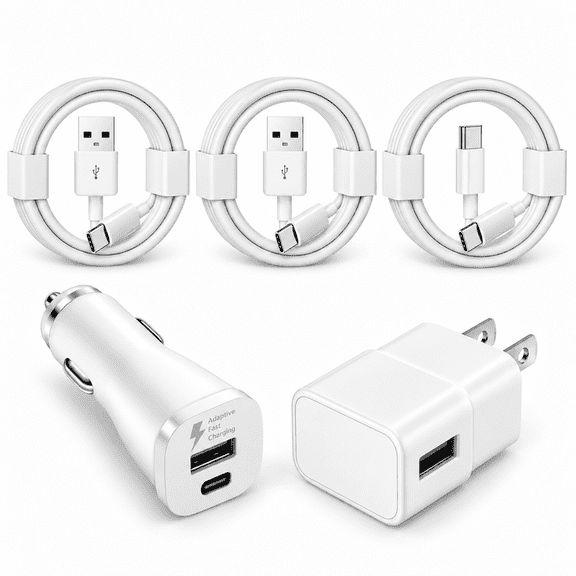 FreedomTech Car Charger & USB-A Wall Charger Bundle with 2x USB-A to USB-C Cables and 1x USB-C to USB-C Cable, Home & Vehicle Charging Kit, White