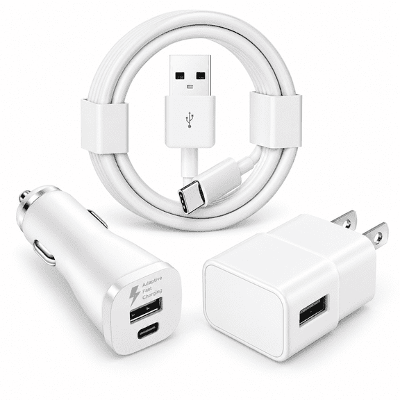FreedomTech Dual Port USB-C & USB-A Car Charger with USB-A to USB-C Charging Cable, Fast Charging Vehicle Adapter for Smartphones, Tablets & USB-C Devices, White
