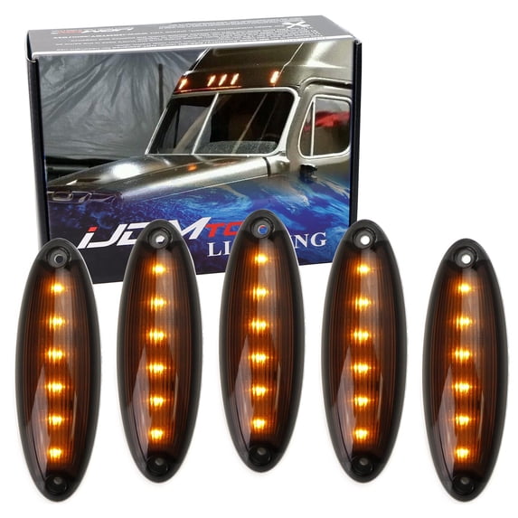 OEM-Spec 5pc Dark Smoked Lens Amber 6-LED Front Raised Cab Roof Marker Light Assemblies For 2008-up Freightliner Cascadia Semi-Truck