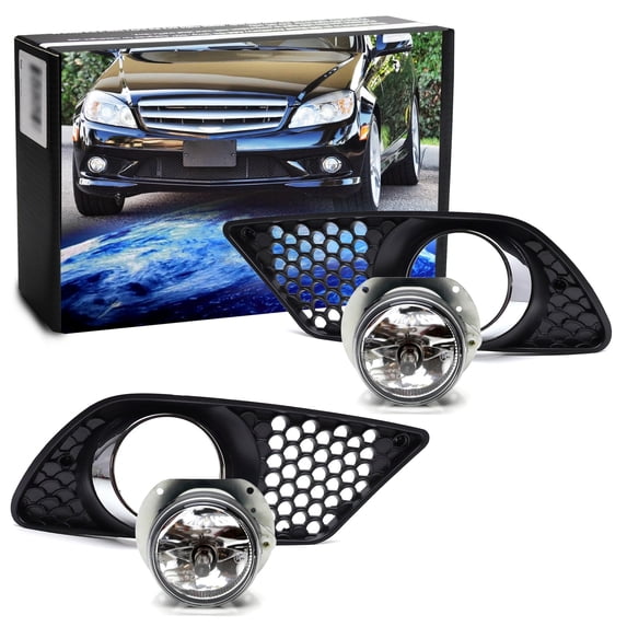 OEM-Spec Clear Lens Fog Light Kit w/Chrome Trim Fog Bezel Covers, On/Off Switch Relay Wiring Harness, For Mercedes-Benz 2008-2010 W204 C-Class(Not For AMG)