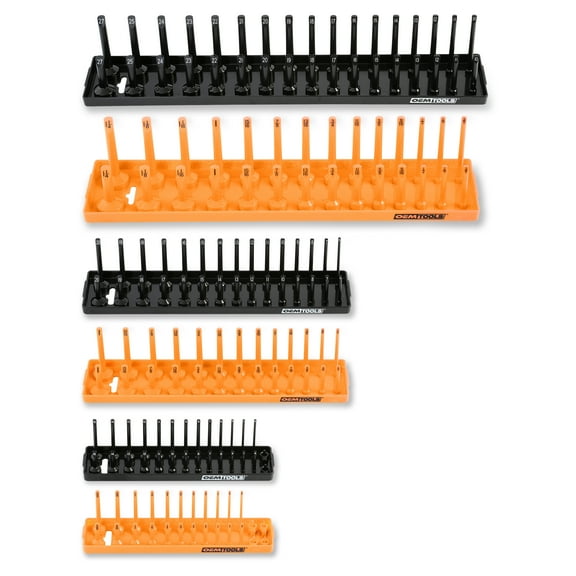 OEMTOOLS 22418 6 Piece SAE and Metric Socket Tray Set (Orange and Black), 1/4", 3/8", and 1/2" Drive Socket Holders Organizers for Tool Box