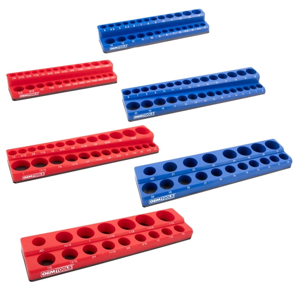 OEMTools 6 Pack Set Metric and SAE Magnetic Socket Tray Set - Red and Blue