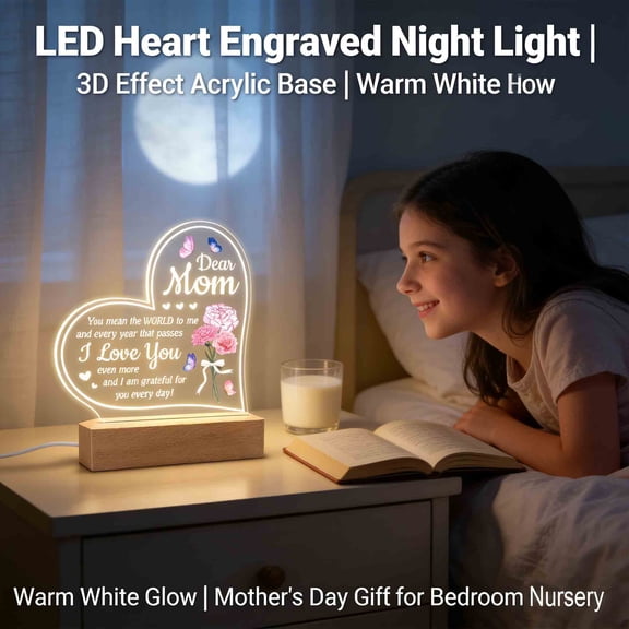 HCUSIHFEW Night Light, LED Heart Engraved 3D Effect, Acrylic Base, Warm White Glow for Bedroom, Nursery, Mother's Day Gift for Women and Girls