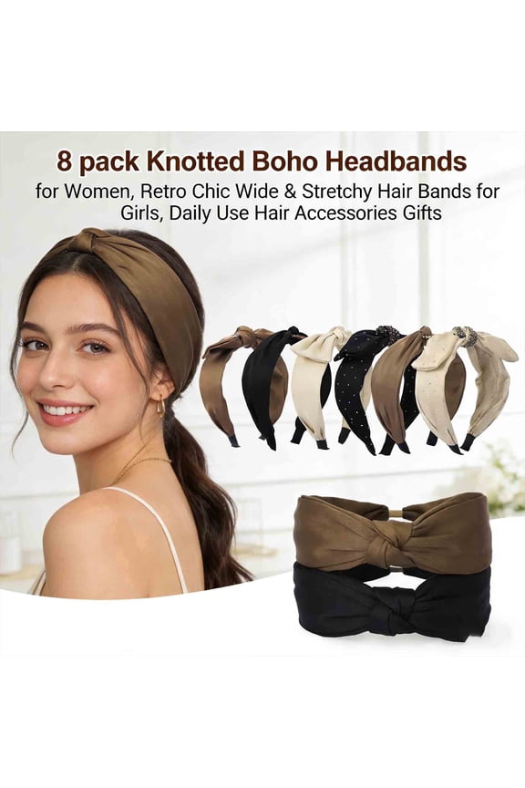 Knotted Boho Headbands for Women – Retro Wide Stretchy Turban Hair Bands, 8-Pack Daily Hair Accessories Gift