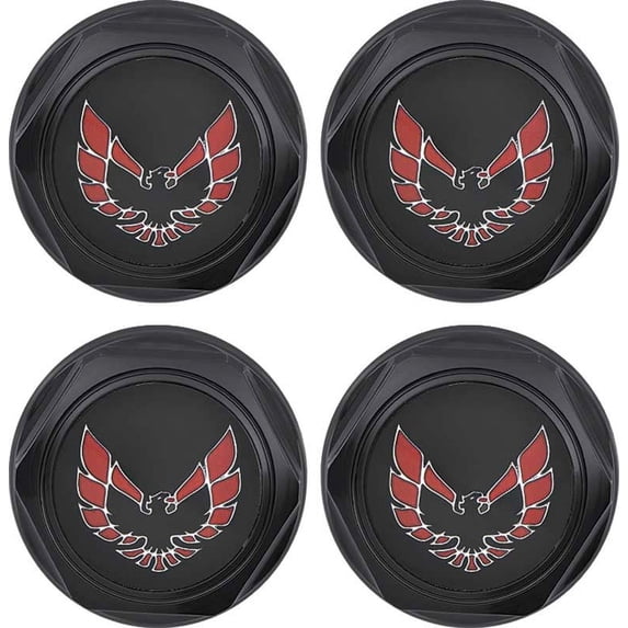 OER Wheel Center Cap Set Flat Black w/ Early Red Bird Logo 1977-1981 Firebird