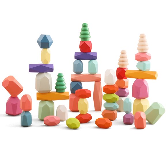 MAMIMAMI HOME 48-Piece Wooden Stacking Rocks Building Set, Multicolor, Ages 2+