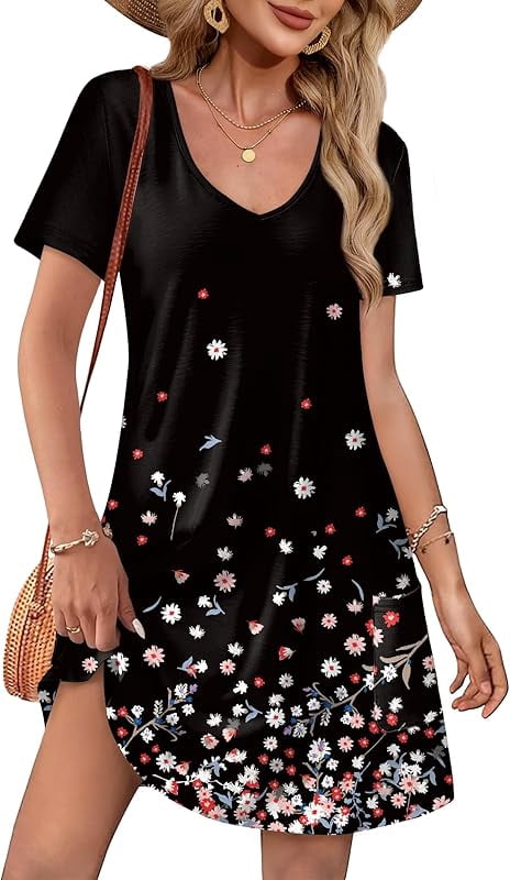 OFEEFAN Summer Dresses for Women 2025 Loose V Neck Short Sleeve Casual ...