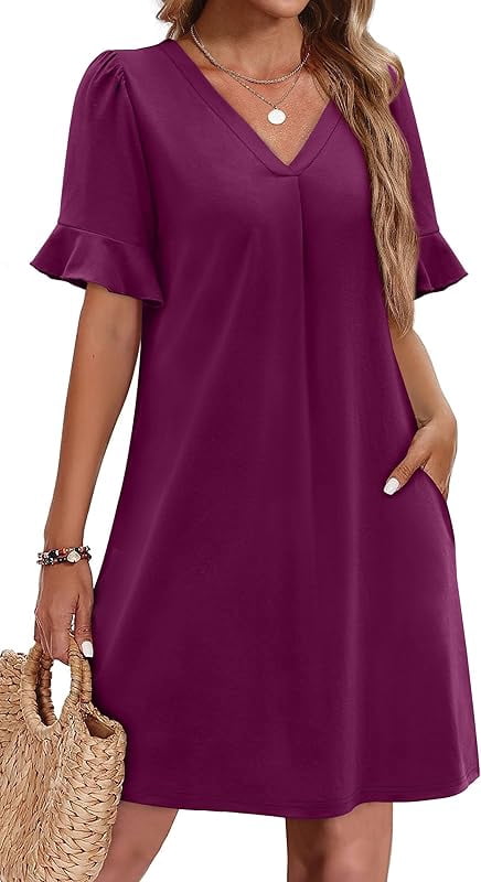 OFEEFAN Women's Summer Tops - Ruffle Short Sleeve V-Neck T-Shirts, Loose Fit Casual Tee (Black, X-Large) - View #4