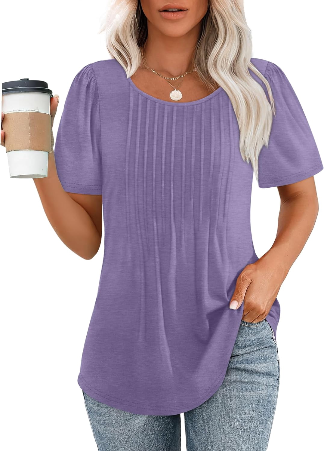 OFEEFAN Women’s Ruffle Sleeve V-Neck Top – Loose Fit, Short Sleeve, Casual Tee In Light Purple - View #13