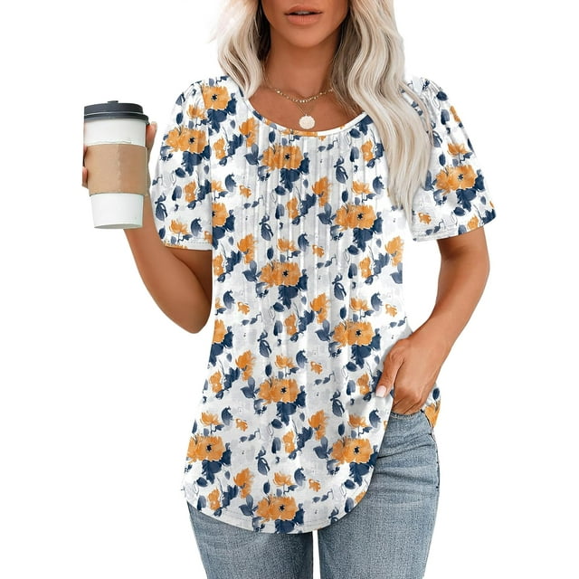 OFEEFAN Womens T Shirts Short Sleeve Pleated Dressy Casual Scooped Neck Summer Tops Blouses