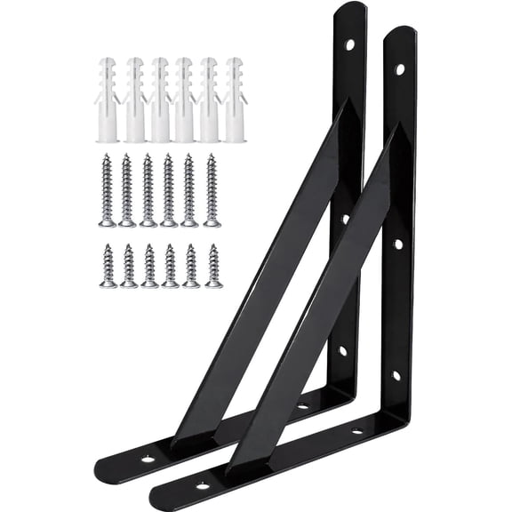 OFEFE 12"x8" Heavy Duty Shelf Brackets, 150lbs Load Black Metal Brackets for Wall Mounted Shelves, 2 Pack 90 Degree Triangle Corner Brace Joint Angle Bracket, Reinforced Steel Support for Kitchen