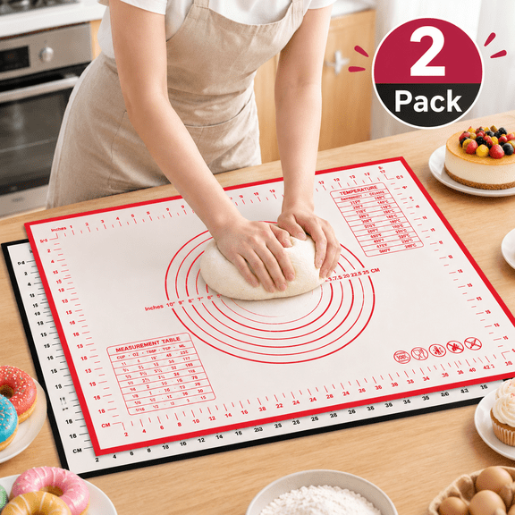 OFEFE 2-Piece Non-Stick Silicone Baking Mat Set, 16“ x 20” (Black + Red) – Non-stick dough rolling mat with measurement guides, ideal for making pies, pizzas, cookies, and fondant; extra-thick, non-