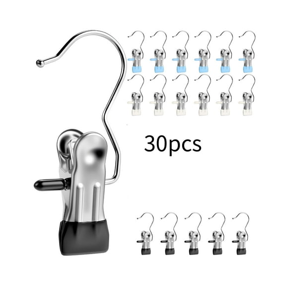 OFEFE 30 Pack Heavy Duty Stainless Steel Laundry Hooks & Clips - 360° Rotatable Rust-Proof Metal Clamps for Hanging Boots, Pants, Hats, Towels, Socks, Organizing Closet, Laundry Room, Bathroom