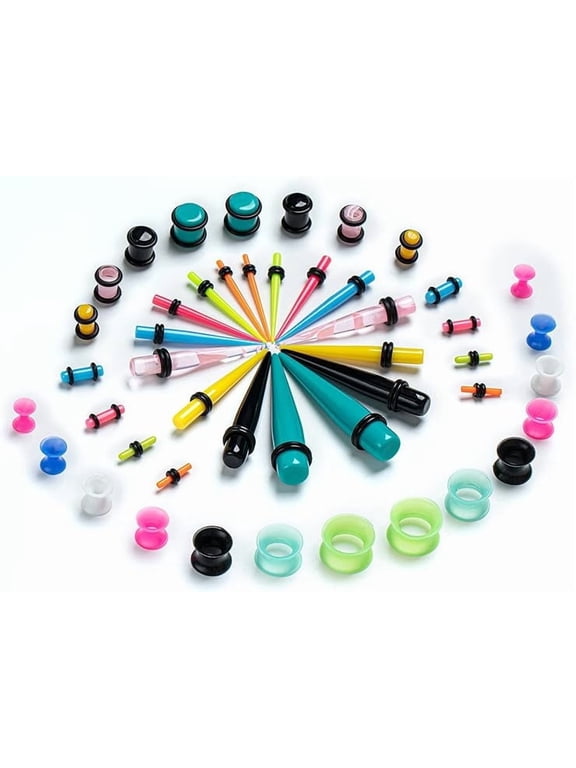 50-Piece Ear Stretching Kit Complete Set (14G-00G) - Acrylic Tapers, Plugs, Silicone Tunnels Gauges Expander Set for Beginners, Professional Body Piercing Jewelry with Case