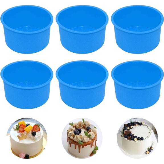 OFEFE 6 PCS Silicone Mini Round Cake Molds, 4 Inch, Blue, Reusable, Non-Stick, Microwave, Oven, Freezer Safe