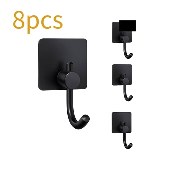 OFEFE 8-Pack Black Adhesive Towel Hooks for Bathroom - Heavy Duty Self Adhesive Hooks for Towels, Robes, Clothing, Holds 6 lbs Each, No Drill Stainless Steel Hooks for Doors, Walls, Tiles