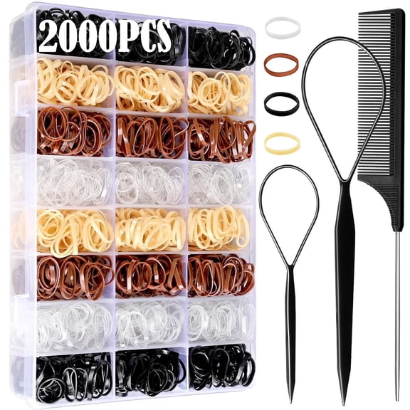OFEFE Elastic Hair Ties,2000pcs Mini Elastic Hair Bands with Organizer Box, Clear Hair Ties, Hair Accessories Set for Women, Neutral Colors