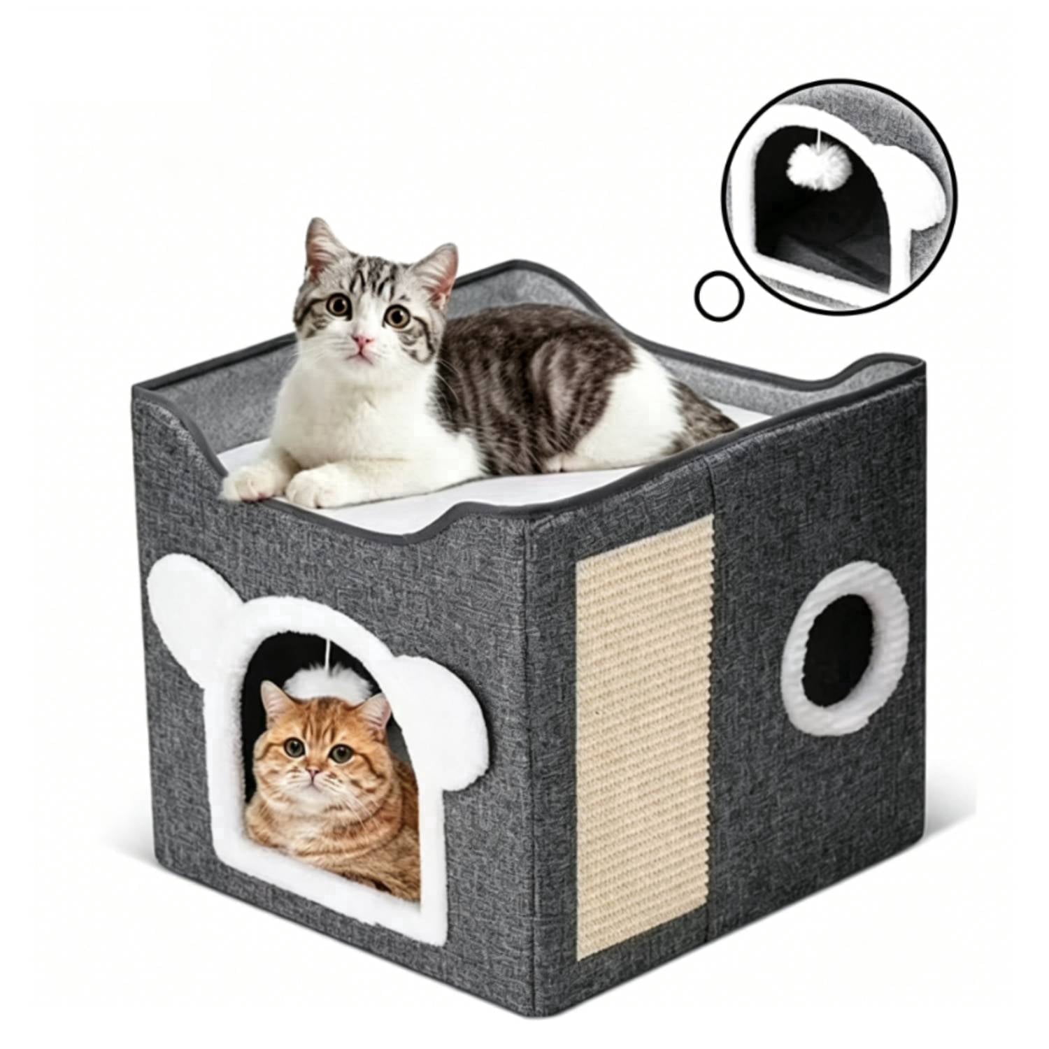 OFEFE Indoor Cat Bed with Scratching Post and Plush Balls for Living ...