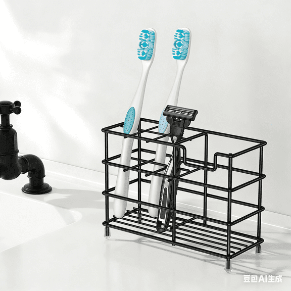 OFEFE Medium Black Stainless Steel Toothbrush Holder for Bathroom – 7-Slot Black Organizer, Space-Saving Hygienic Storage with Modern Design for Countertop