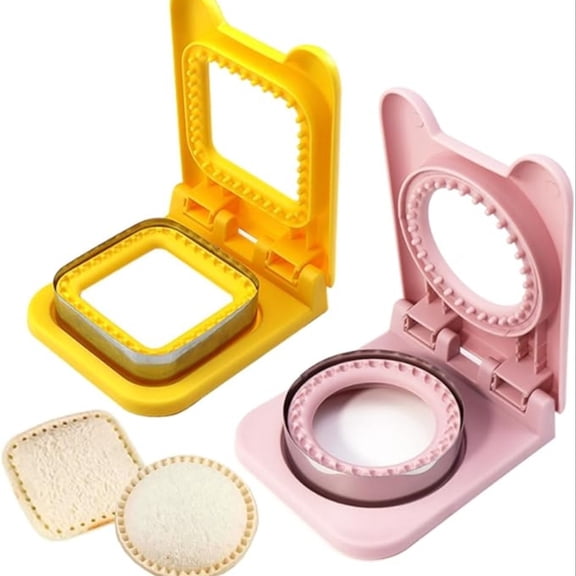 OFEFE Pink+Yellow Sandwich Cutter and Sealer - 4-Piece Crustless Sandwich Maker Set for Kids Lunch Box, Circle & Square Shape Cutter and Sealer for Bread, Peanut Butter, Jelly, Cheese