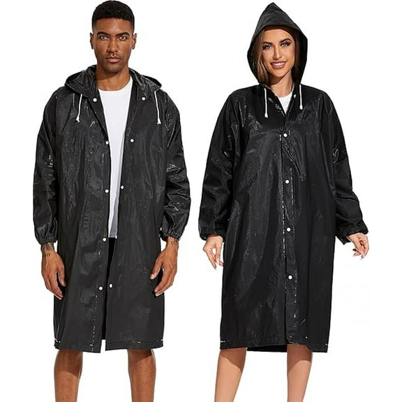 OFEFE Raincoat, 2 Pack Black Reusable Rain Ponchos for Adults Travel Rain Coats Hooded Raincoats for Women/Men with Drawstring