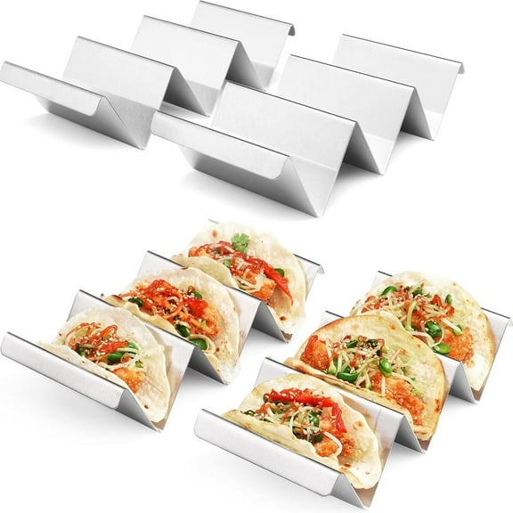 OFEFE Taco Holder for 12 Tacos, Stainless Steel Taco Stands Set, Taco Shell Holder 4pcs Set, Taco Shell Rack Tray, Metal Taco Holders, Oven & Dishwasher & Grill Safe