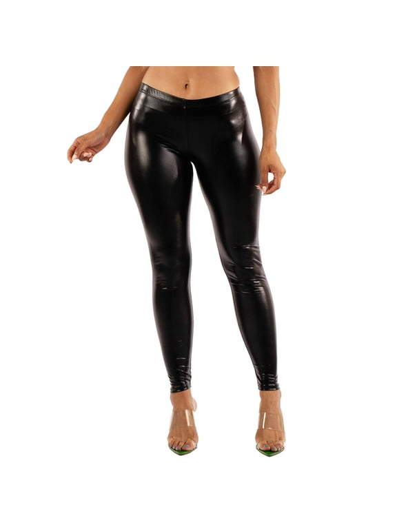 Metallic Shiny Leggings - Mid Waist Faux Leather Footless Tights Pants Wet Look Skinny Glamour Black Medium