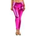 thumbnail image 1 of OFENTI Metallic Shiny Leggings - Mid Waist Faux Leather Footless Tights Pants Wet Look Skinny Glamour Fuchsia Small, 1 of 6
