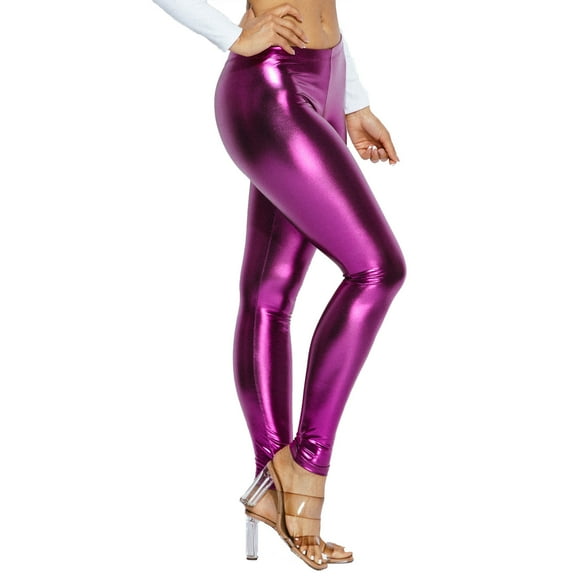 OFENTI Metallic Shiny Leggings - Mid Waist Faux Leather Footless Tights Pants Wet Look Skinny Glamour Purple Small
