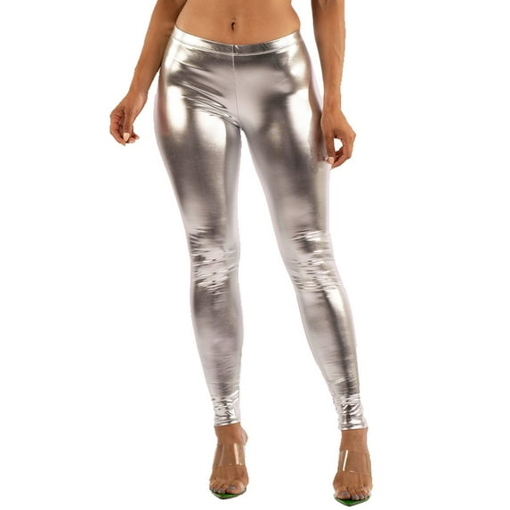 OFENTI Metallic Shiny Leggings - Mid Waist Faux Leather Footless Tights Pants Wet Look Skinny Glamour Silver 3X