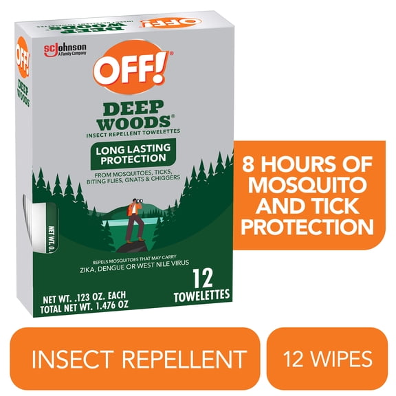 OFF! Deep Woods Insect Repellent Towelettes, Long Lasting Protection from Mosquitoes, Unscented, 12 Count Individually Wrapped Mosquito Repellent Wipes, Travel Size