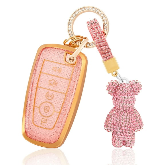 OFFCURVE Key Fob Cover with Bear Keychain,Soft TPU Case for Ford Fusion Explorer Escape F150 F250 F350 F450 F550 Edge Maverick Expedition Lincoln Aviator 5 Buttons Smart Key Holder,Pink