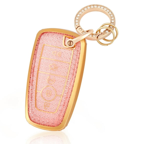 OFFCURVE Key Fob Cover with Bling Keychain,Soft TPU Case for Ford Fusion Explorer Escape F150 F250 F350 F450 F550 Edge Maverick Expedition Lincoln Aviator 5 Buttons Smart Key Holder,Pink