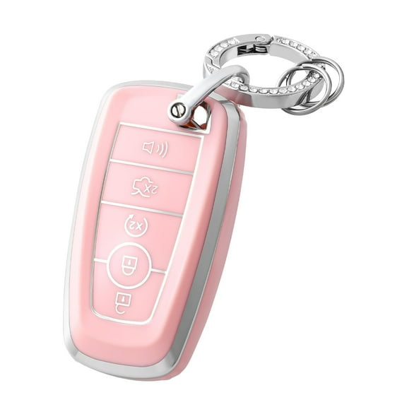 OFFCURVE Key Fob Cover with Keychain for Ford Fusion Explorer Escape F150 F250 F350 F450 F550 Edge Maverick Expedition Lincoln Aviator 5 Buttons Smart Key Holder Pink Sliver