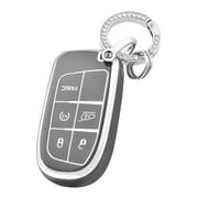 OFFCURVE Key Fob Cover with Keychain for Jeep Dodge, TPU Key Cover Case for Jeep Grand Cherokee Renegade Chrysler 200 300 Dodge Journey Fiat Durango Challenger Smart Key Holder Car Accessories Gray