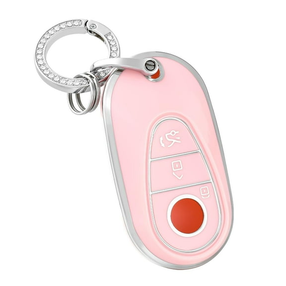 OFFCURVE Key fob Cover with Keychain for Mercedes Benz TPU Smart Key Case Car Key Shell Protector for 2020-2022 Mercedes Benz S-Class C-Class Car Accessories, Pink