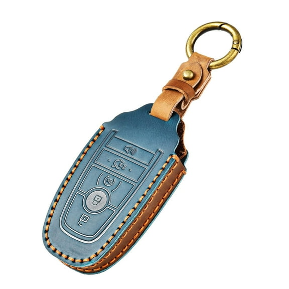 OFFCURVE Leather Key Cover Fits for Ford Car Key Fob Cover Case Compatible with Ford Mustang Fusion F250 F350 F450 F550 Edge Explorer Raptor Smart Key Holder Car Accessories, Blue