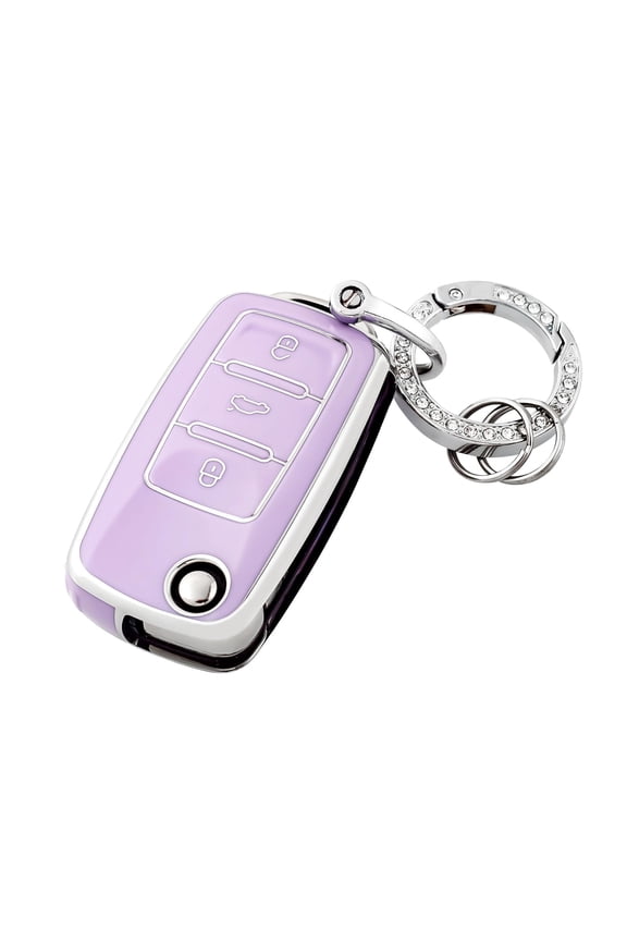for VW Key Fob Cover with Keychain Silver Trim Soft TPU Compatible with Volkswagen Jetta Beetle Santana Scirocco Eos Tiguan Touran Polo MK5 Passat Golf GTI MK6,Purple
