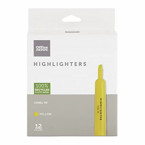 OFFICE DEPOT CHISEL-TIP HIGHLIGHTER, FLUORESCENT YELLOW, 12 PACK OF 12