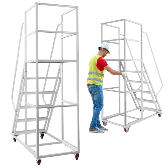 OFFIGAM 6 Step Rolling Ladder Work Platform with Handrails 1200lb Capacity Lockable Wheels White