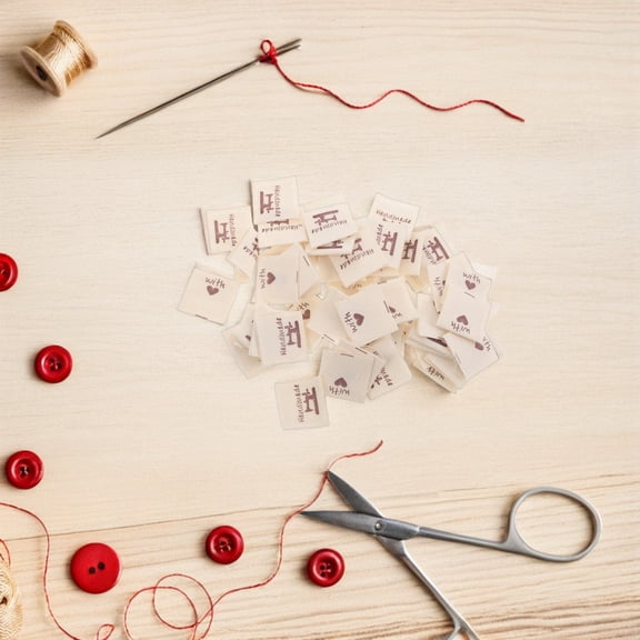 OFFIGAM 100Pcs Handmade Sewing Labels Khaki Fabric Tags Washable for Clothing and Handmade Items