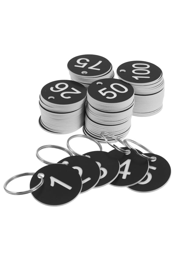 100Pcs Numbered Plastic Key Tags Black with Round Hole for Easy Attachment