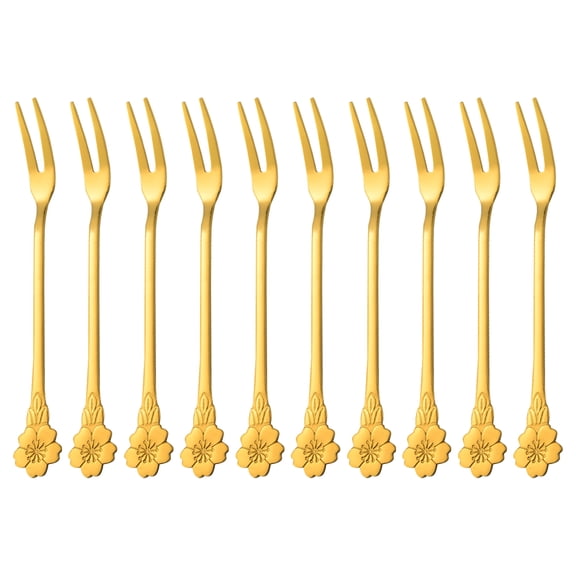 OFFIGAM Set of 10 Golden Stainless Steel Kitchen Forks, Multipurpose Fruit Picks for Home, Restaurant, and Dining Use