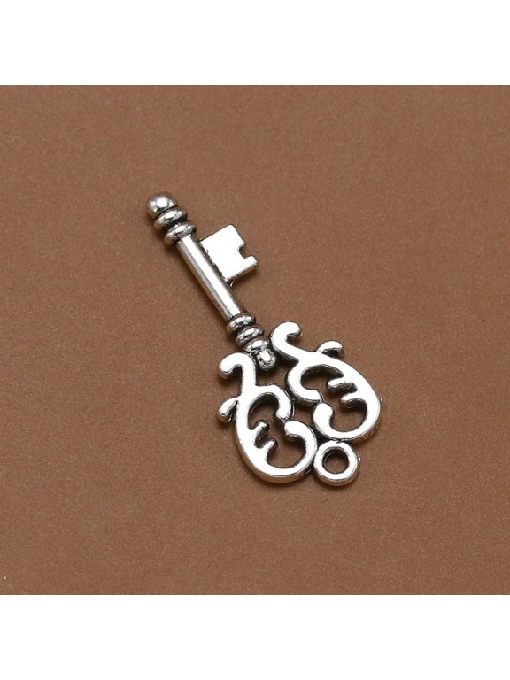 DIY Plated Silver Key Shape Pendant Hollow Design for Jewelry Making 10Pcs