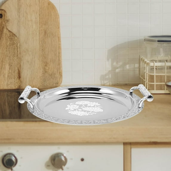 OFFIGAM 1Pack Retro Luxurious Carving Plastic Serving Tray with Lid for Kitchen Use Silver Oval 13.17X13.17X1.57In