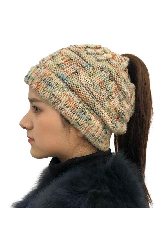 Womens Beige Ponytail Beanie Knit Hat - Stylish Winter Cap for Christmas and Holiday Events