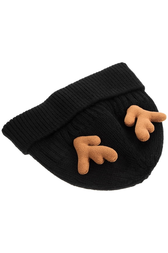 1Pc Durable Black Knitted Winter Cap with Antlers Lightweight Warm Hat for Cold Weather